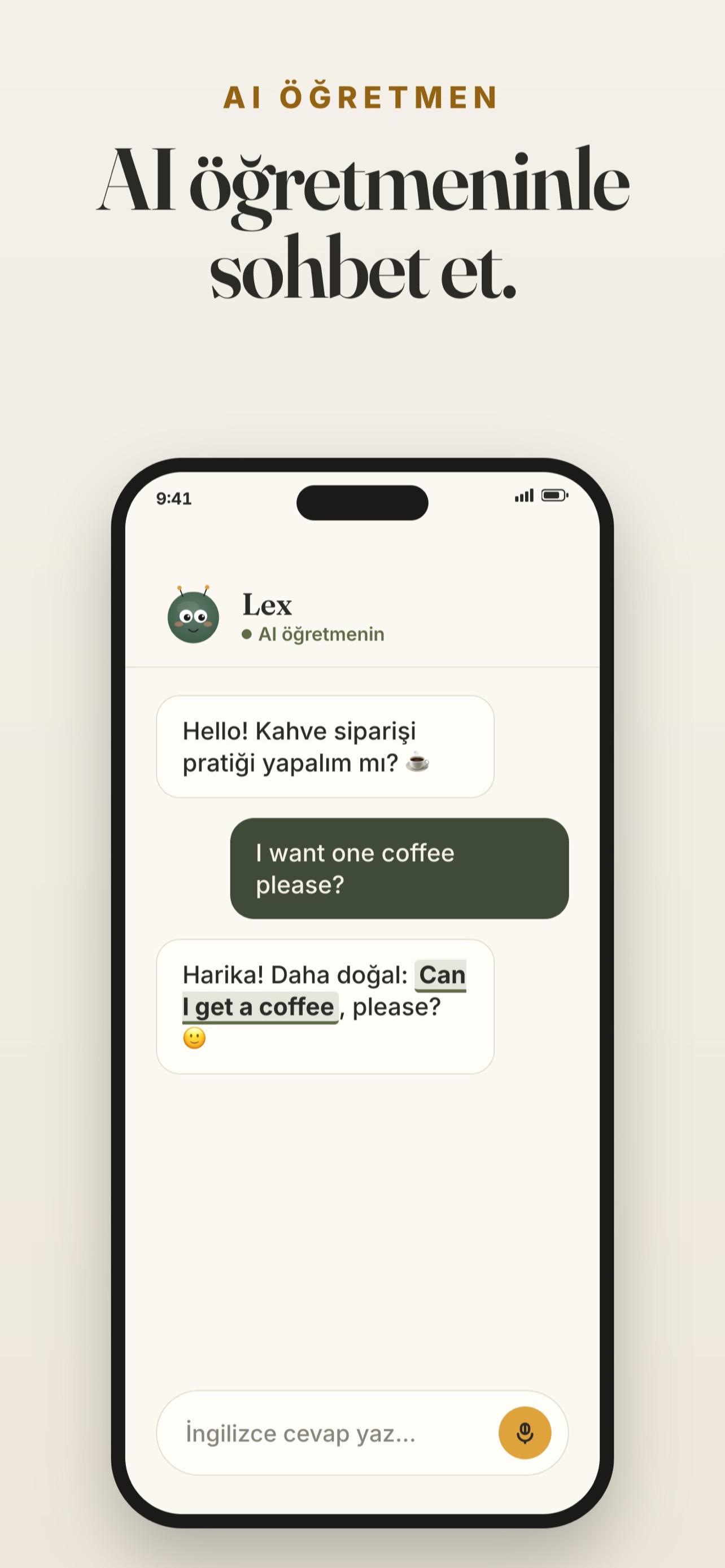 Yapay zekâ öğretmeninle gerçek sohbet senaryolarında pratik yap